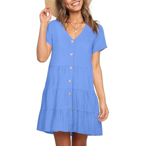 Nova In Sky Cute Swing Dress for Women Casual V Neck Button Down Ruffle Tunic Dress Flowy Summer Sundresses Light Blue L Cover
