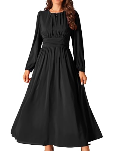 Seta T Women's Cocktail Party Dresses Crewneck Lantern Long Sleeves A-Line Chiffon Maxi Formal Dress