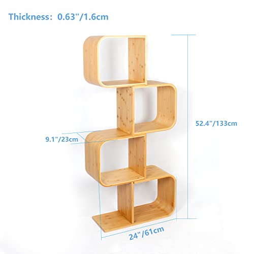 4-Tier Bamboo Geometric S-Shaped Bookshelf, Large Capacity Free-Standing Bedside Table Storage Cds, Dvds Display Rack Opening Style Standing Book Shelf For Home, Office, Living Room, Bedroom #TOP1