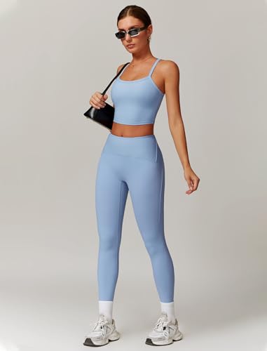Image of Womens Scoop Neck Longline Sports Bras Fixed Cross Back Women Workout Crop Tank Tops with Built in Bra Active Wear Athletic Work Out Gym Yoga Padded Bra Tank Top Blue M