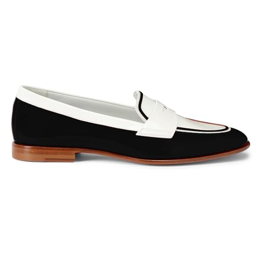 Image of Women Patent Slip On Loafer Flats Two Tone Round Toe Flat Heel Penny Loafers Casual 1 inch Low Heel Loafer Dress Shoes Oxford Comfort Chic Colorblock Office Ladies 4-11 M US
