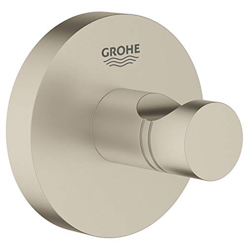 Image of GROHE Essentials Modern Round Brushed Nickel 2-Hook Robe Hook, 5 lbs Max Weight, Rust Resistant, Wall Mount, Tile, Metal, Concrete Surface