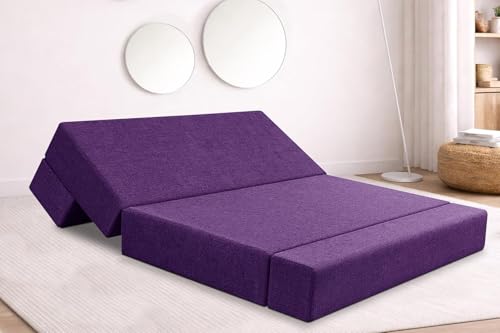 Image of Rosebell Two Seater Foldable Sofa Cum Bed (4x6 Feet) Jute Fabric, Washable Removable Cover, | Space Saving Convertible Sofa Bed for Home, Office & Guests - Purple