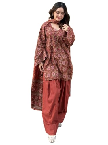 Image of ANNI Designer Farshi Salwar Suit for Women Cotton Printed | Kurta Dupatta Set for Woman | Straight Palazzo Outfit Round Neck V-Slit Long Sleeve Ethnic Dress Stylish Womens Clothing