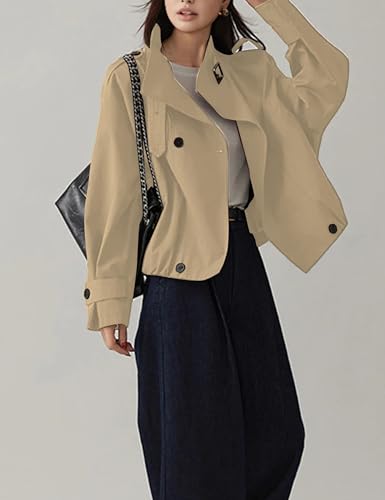 Womens Cropped Trench Coats Double Breasted Long Sleeve Stand Collar Oversized Trendy Jackets4