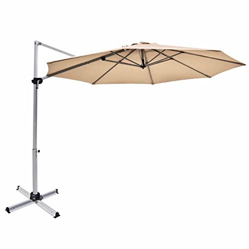 COSTWAY 3.3m Garden Parasol, 360 Degree Rotation Overhanging Cantilever Umbrella with Tilting Adjustment, Crank Handle and Step Pedal, Outdoor Patio Offset Banana Market Umbrellas (Beige)