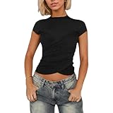 EMOTTOS Camisetas Sexy Envoltura Cruzada, Y2K Slim Fit Tops con Dobladillo Fruncido Irregular, Camiseta con Cuello Redondo Moda Skinny Fiesta para Las Señoras, Negro, S