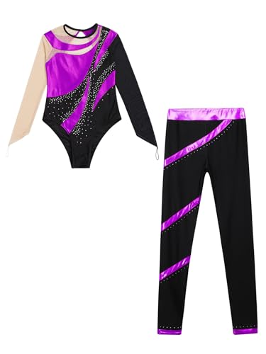 JEATHA Kids Girls Figure Skating Outfits Gymnastics Tumbling Athletic Dance Leotard with Leggings Pants Set3