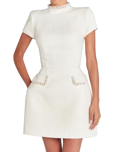 Image of LuFeng Womens Sexy Short Sleeve High Neck Pearls Mini Dress Party Clubwear Club Bodycon Short Dresses