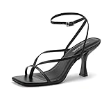 Carcuume Womens Kitten Heels Square Toe Thong Strappy Ankle Strap Stiletto Heel Sandals,CAMILE-ALL BLACK PU-8
