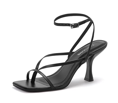 Image of Carcuume Womens Kitten Heels Square Toe Thong Strappy Ankle Strap Stiletto Heel Sandals