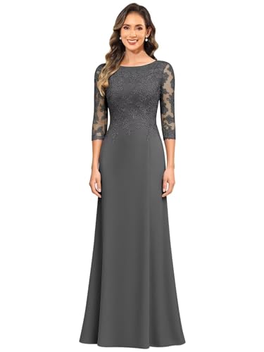 Mother of The Bride Dresses for Women Long with 3/4 Sleeves Chiffon Lace Appliques Formal Wedding Guest Dress