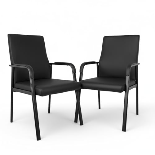 Image of Leather Office Guest Chair, Guest Conference Room Chair, 600 LBS Capacity High Back Reception Chair with Padded Armrests, No Wheels, Black - 2 Pack