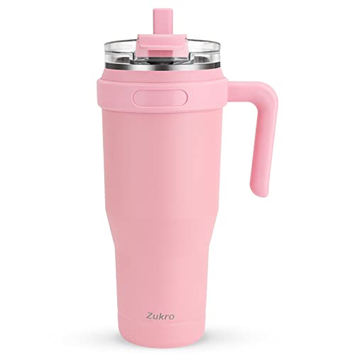 Zukro 50 Oz Mug Tumbler With Handle And Flip Straw, Leakproof Vacuum Insulated Stainless Steel Cup Water Bottle With 2-In-1 Lid,Large Travel Mug, Fit In Cup Holder, Keeps Cold For 30 Hours, Pink #TOP6