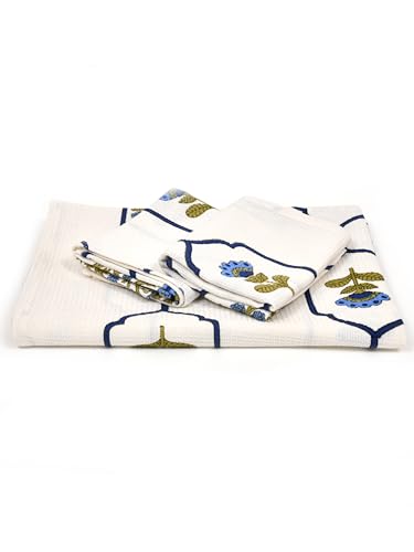 Image of Mafatlal Madhuban Premium Waffle Set (1 Bath 147x76 cm + 4 Hand 76x38 cm) | 250 GSM | High Absorbent Hand Block Print | Cotton | Horizon Blue