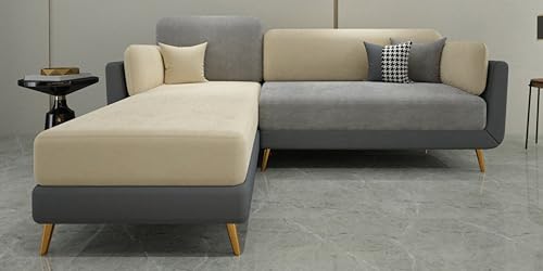 Image of Sixpine Luxury Dual Color Upholstery Lounger RHS Sofa in Premium Velvet | Solid Wood Structure | Sturdy Golden Legs | High Density Foam | Extra Comfort for Modern Living Room (Grey & Beige, 4 Seater)
