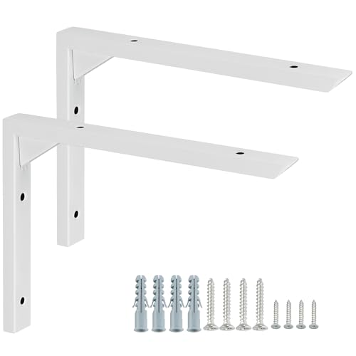 Mooche 2PCS Heavy Duty Shelf Brackets, Wall Brackets for Shelves, Stainless Steel Triangle Shelf Support with Screws for Living Room Bedroom Garage Shelving Bracket (White, 8 Inch-2P)