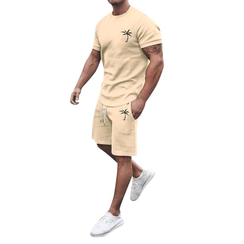PAIDAXING Ensemble complet de survêtement pour homme en coton imprimé cocotier T-shirt et short 2 pièces d'été à manches courtes Co Ord Ensembles col rond Sport Pullover Jogging Shorts avec cordon de