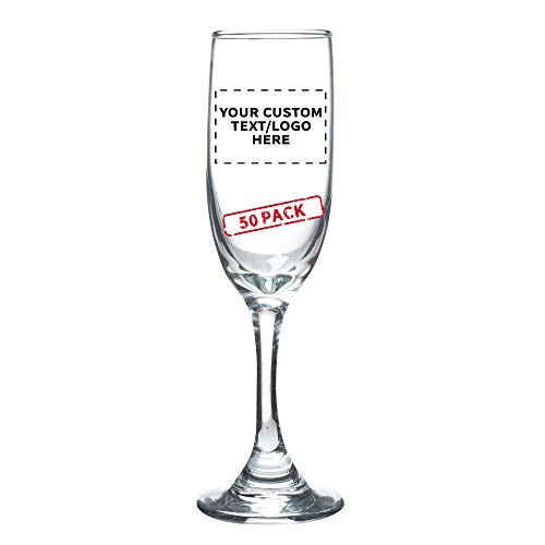 Champagne Flutes - 625 oz - 50 pack - Customizable Text Logo - Premiere Flute Stemmed Glass Set - Clear