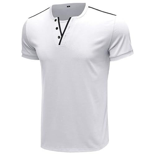 Aosufei Camiseta deportiva de manga corta con cuello en V para hombre, ajuste entallado, color liso, elástica, ligera, con botones, blanco, XXL