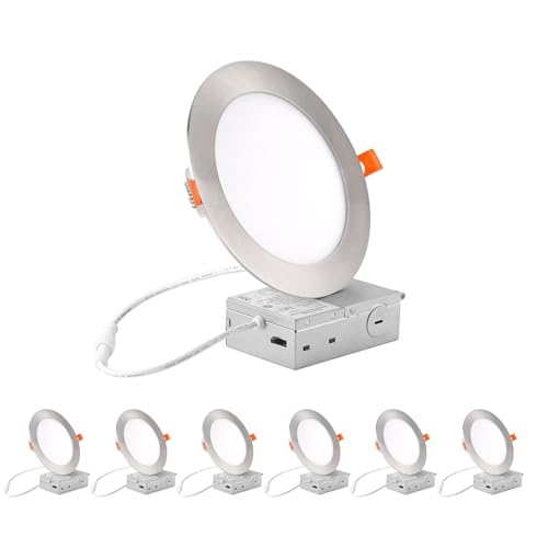 Image of ZYC recessed Lighting 6 inch - 12W 1100LM High Brightness,5CCT 2700K-5000K Selectable,Ultra-Thin LED Recessed Ceiling Light,Dimmable Canless Wafer Downlight,Pack of 6 Brushed Nickel.