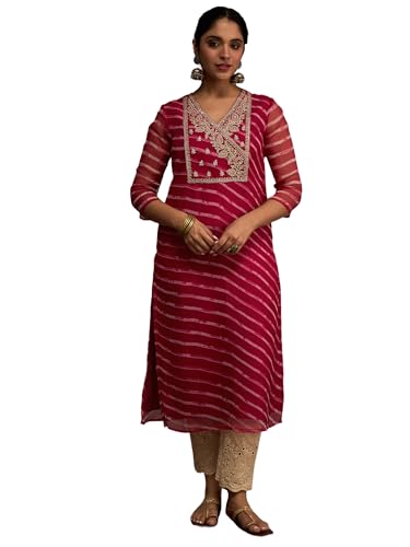 Image of INDO ERA Women's Georgette Leheriya Printed Straight Calf Length Kurtas (IEAI12232)