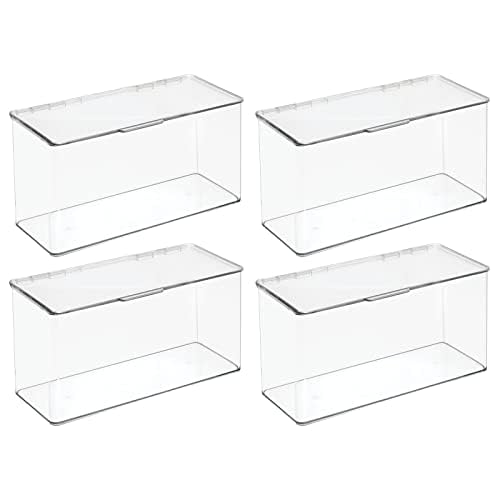 mDesign Plastic Bathroom Storage Organizer Box Containers with Hinged Lid for Vanity Drawers - Holds Lotions, Face Towels, Cotton Swabs, Soap, or Accessories - Lumiere Collection - 4 Pack - Clear