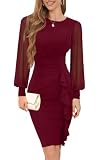 IHOT Cocktail Dresses for Women Evening Party Long Mesh Sleeve Sheath Ruched Bodycon Pencil Ruffle Knee-Length Wedding Guest Club Formal Dresses Wine Red Small