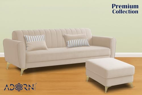 Image of Adorn India Premium Luster 4 Seater L Shape Sofa Set | Velvet Suede Fabric | 3-Year Warranty | Color Cream with Golden Legs & Striped Pattern Cushion