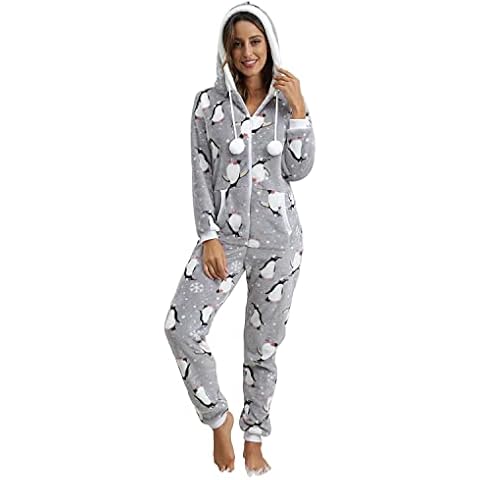 QIYUANT Womens Hooded Onesie Adult Jumpsuit Warm Fluffy Soft Flannel Soft One Piece All in One Pajamas Zipped Overall Winter Nightwear Loungewear Sleepsuits Light Gray Penguin S Cover