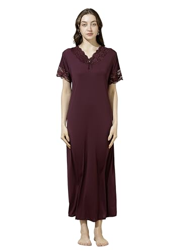 Image of 9shines Label Stylish Soft Modal Maxi Nighty | Honeymoon Nighty | Full Length Trendy Nightgown | V-Neck Lace | Premium Nightdress | Soft Long Nightdress | Maxi Gown Nightwear for Women (Malai Satin)
