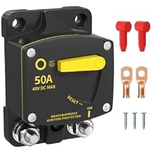 50 Amp DC Circuit Breaker 12V-48V, Waterproof Marine Switch with M8 Studs, Manual Reset Switch with 6 AWG Lugs & Insulators for Minn Kota Trolling Motor, Boat, RV & Solar System