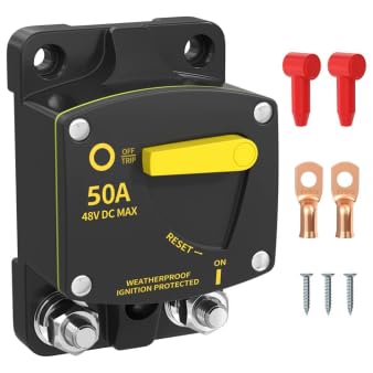 50 Amp DC Circuit Breaker 12V-48V, Waterproof Marine Switch with M8 Studs, Manual Reset Switch with 6 AWG Lugs & Insulators for Minn Kota Trolling Motor, Boat, RV & Solar System