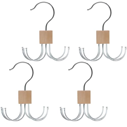 LMSAWK 4 Pezzi Rotazione a 360 Gradi Appendiabiti per Cravatte, Portacinture in Legno, Appendiabiti Per Cravatta, Per Calzini, Cintura, 6 Ganci, Colore del Legno