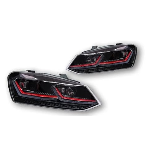 Himwqfuh Feux Avants Voiture Pour VW Pour Polo 2011-2018 Phares Avant À LED Avec Feux De Jour À LED Et Accessoires Phares Avant(LHD,Red headlight)