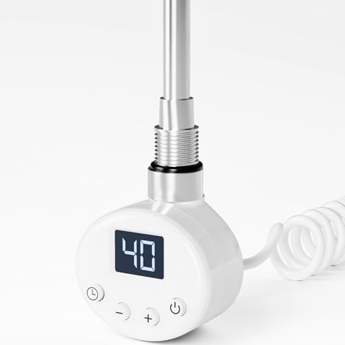 EMKE Heizstab für Badheizkörper 1200W, Heizpatrone aus Edelstahl für Heizkörper Elektrischer Handtuchheizkörper, Heizstab mit Thermostat Elektronischer Temperaturregler und Timerfunktion Weiß