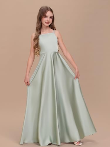 Satin Junior Bridesmaid Dress for Wedding A-Line Straps Bow Knot Flower Girl Dress Sleeveless Long Formal Events Gown2