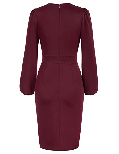Kate Kasin Valentine Dress For Women Lantern Sleeve Wrap Pencil Dresses Party Work Office Pencil Business Dress Wine S #TOP1