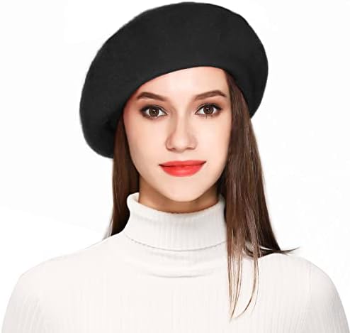 Jeicy Wool Beret Hat Solid Color French Beret with Skily Scarf and Brooch, Black