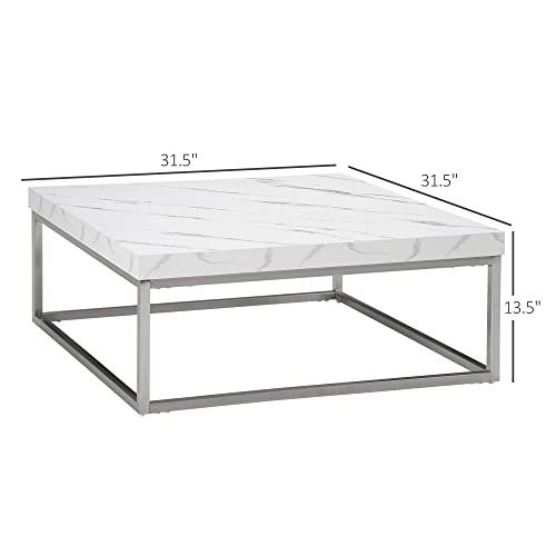 Homcom Square Coffee Table With Faux Marble Tabletop, Low Table For Sitting On The Floor, Stainless Steel Frame For Living Room, White #TOP2