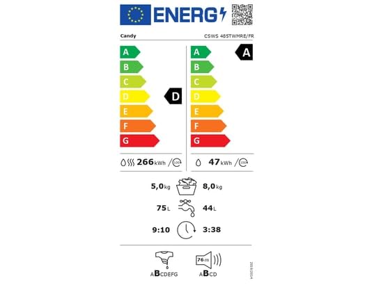 Candy CSWS485TWMRE-FR Lave-linge séchant frontal 8 kg / 5 kg, 1400 tr/min, 15 programmes, Classe A, Moteur Inverter, Fonction vapeur, Blanc