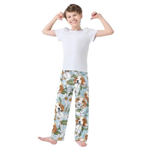 Beagle Daisy Flowers Boys Long Pants Soft Trousers Elastic Waist Kids Lounge Bottoms with Pockets S-XL3