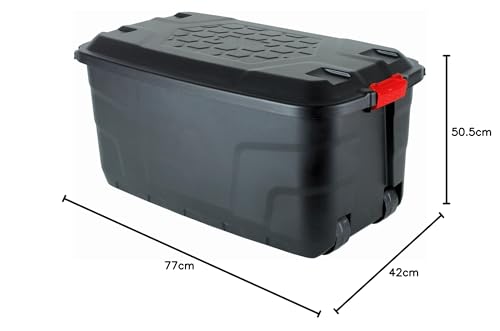 Heavy Duty Large Storage Box with Lid, 110L, Lockable, Indoor/Outdoor, Wheeled, Black with Red Handles – Image 6