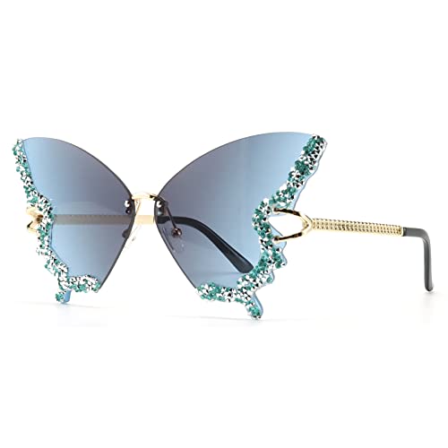 Mincl Women Butterfly Cat Eye Sunglasses Fashion Shiny Bling Diamond Sunglasses Polygonal Pink Rhinestone Sunglasses (Blue) #TOP3