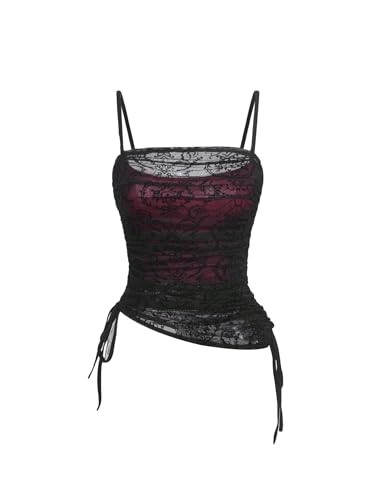 SOLY HUX Women's Ruched Lace Cami Top Drawstring Sleeveless Clubwear Sexy Gothic Tops