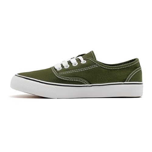 Image of xinran & shengli Boys Girls Trainers Toddler Low Top Lace Up Canvas Shoes Kids Casual Sneaker Comfortable Walking Shoes Army Green Size Size 2