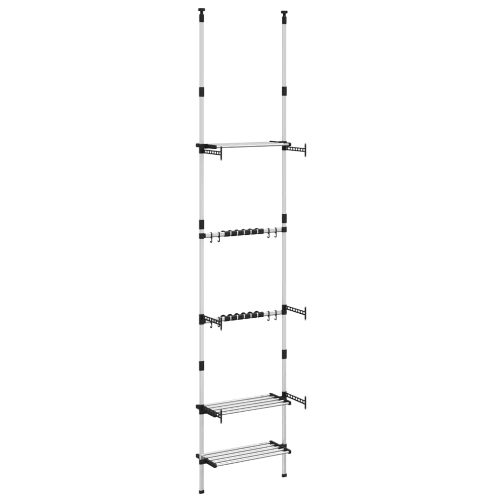 Teleskopowy regał ogrodowy z 3 półkami, srebrny, aluminium, regulacja wysokości 250-300 cm, montaż ścienny, stabilna rama do wózka warsztatowego, uchwyt na narzędzia i organizer do