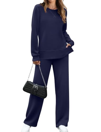 Image of OFEEFAN Women's 2 Piece Lounge Set Travel Airport Outfits Side Slit Tracksuit Wide Leg Loungewear Baggy Comfy Sweatsuit S-3XL