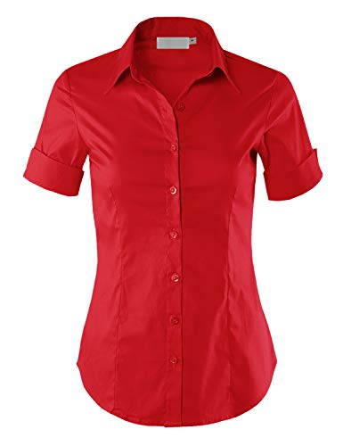 MAYSIX APPAREL Womens Short Sleeve Stretchy Button Down Collar Office Formal Shirt Blouse RED M