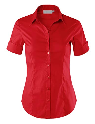 MAYSIX APPAREL Womens Short Sleeve Stretchy Button Down Collar Office Formal Shirt Blouse RED XL